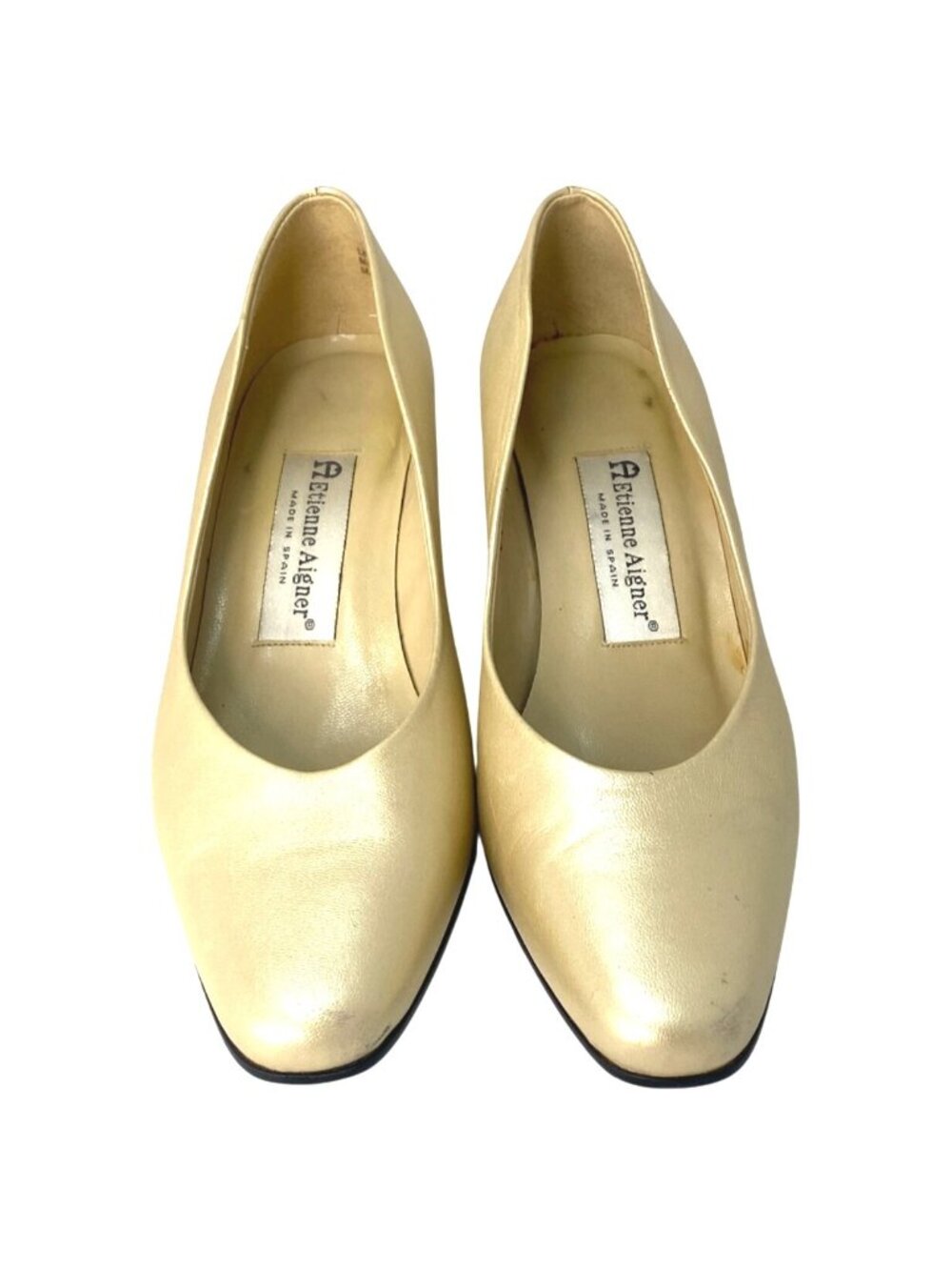 Vintage Etienne Aigner Taylor Pearl Gold Leather Pumps Classic Mid Chunky Heel 6